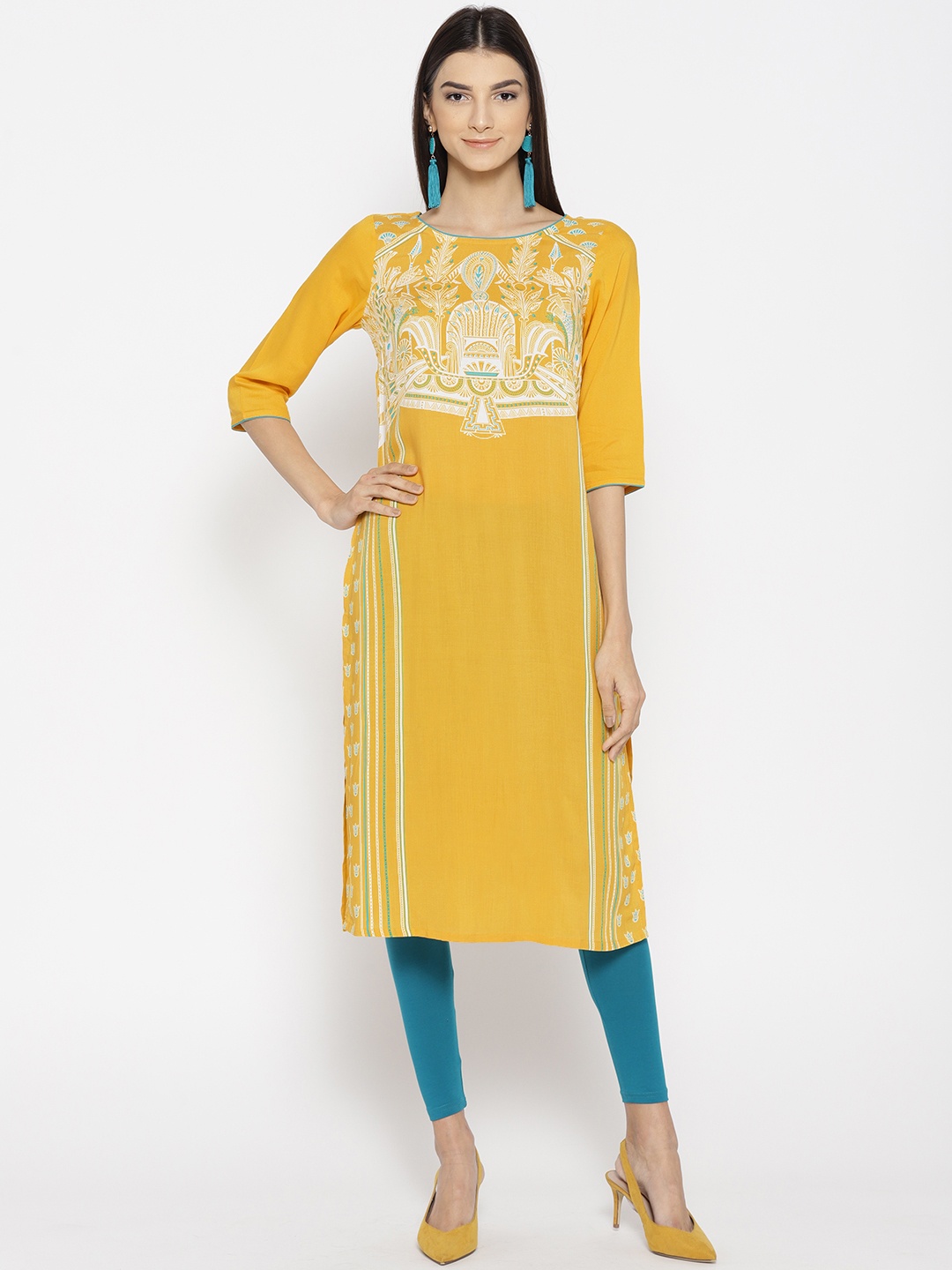 

AURELIA Women Yellow Printed Straight Kurta