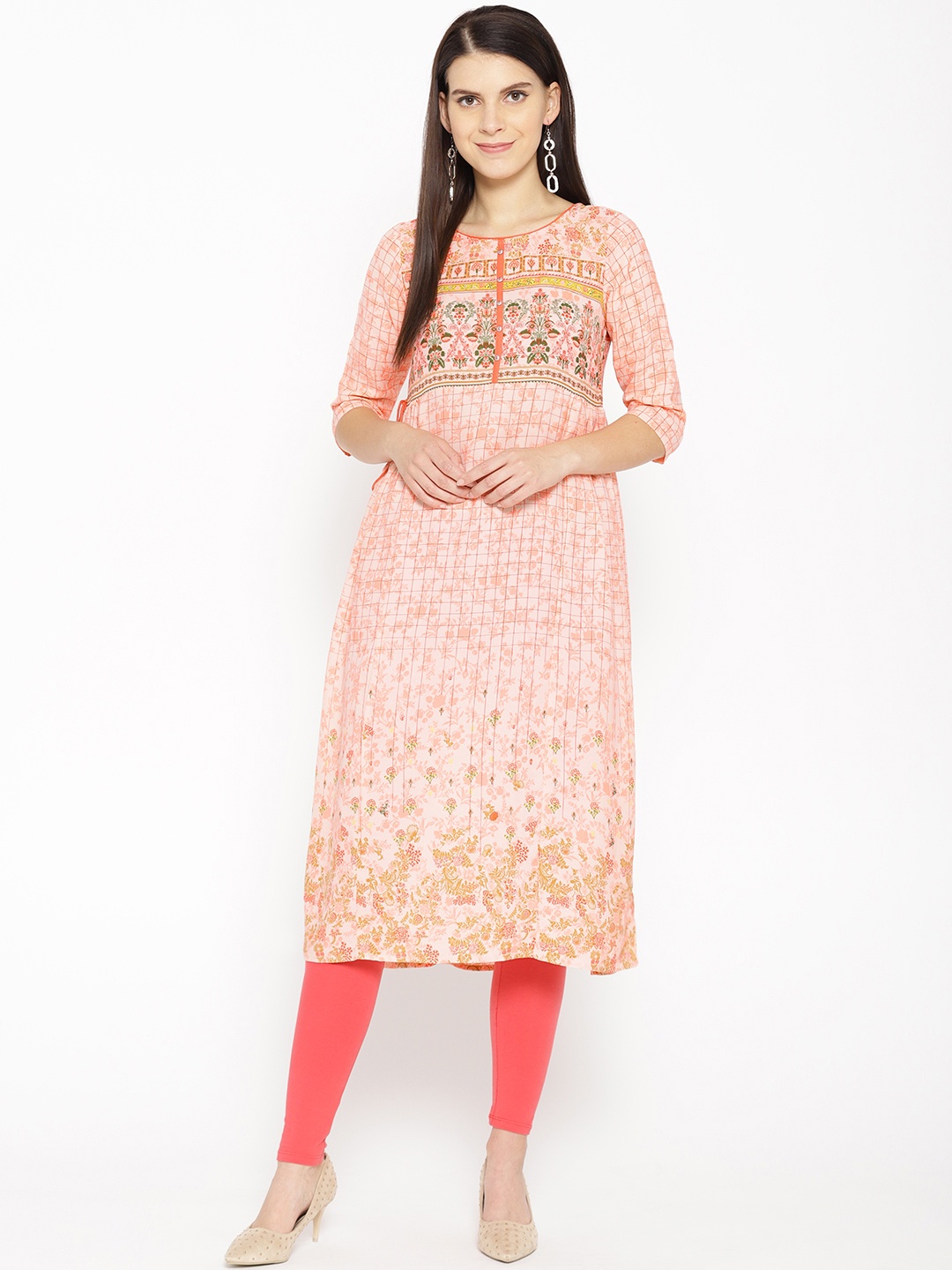 

AURELIA Women Peach-Coloured Printed A-Line Kurta