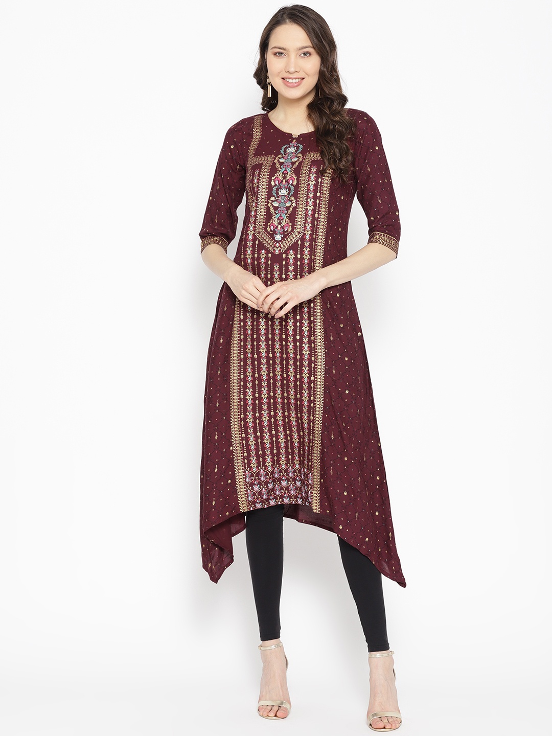 

AURELIA Women Burgundy & Golden Asymmetric Printed A-Line Kurta