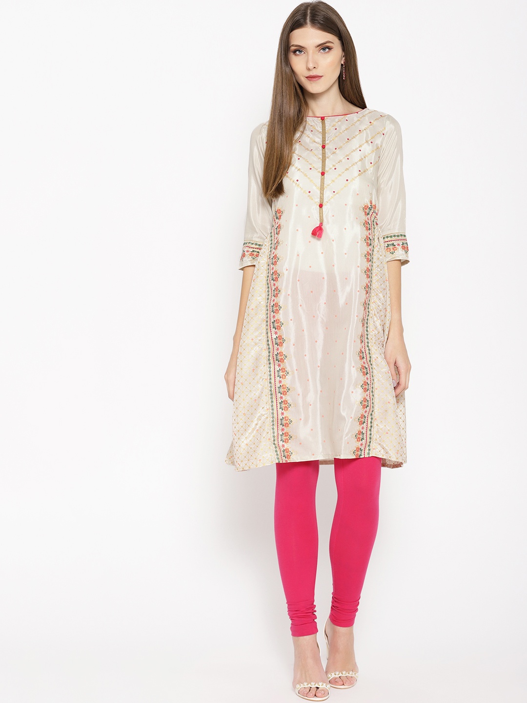 

AURELIA Women Beige & Pink Printed A-Line Kurta