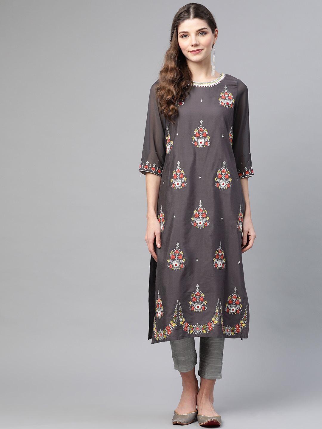 

WISHFUL by W Women Charcoal Grey & Silver Embellished Straight Kurta