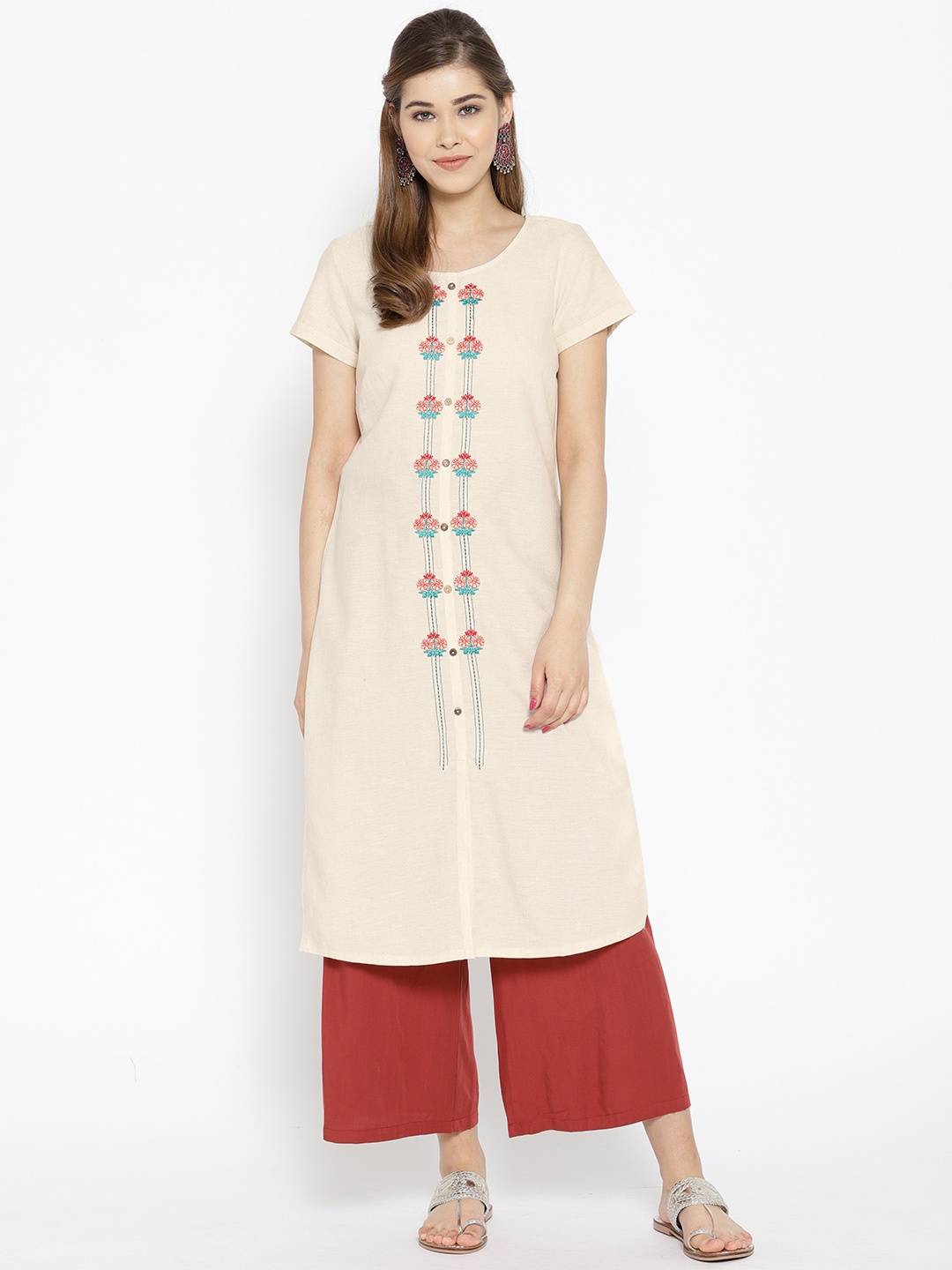 

AURELIA Women Beige Embroidered Detail A-Line Kurta