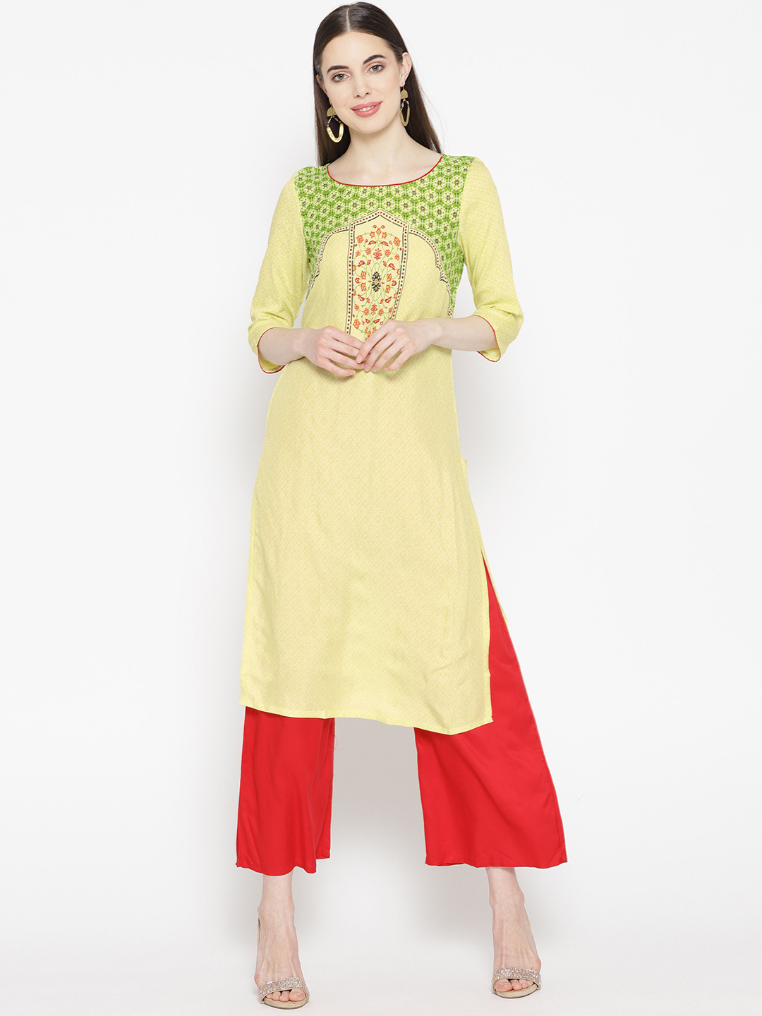 

AURELIA Women Yellow Printed Straight Kurta
