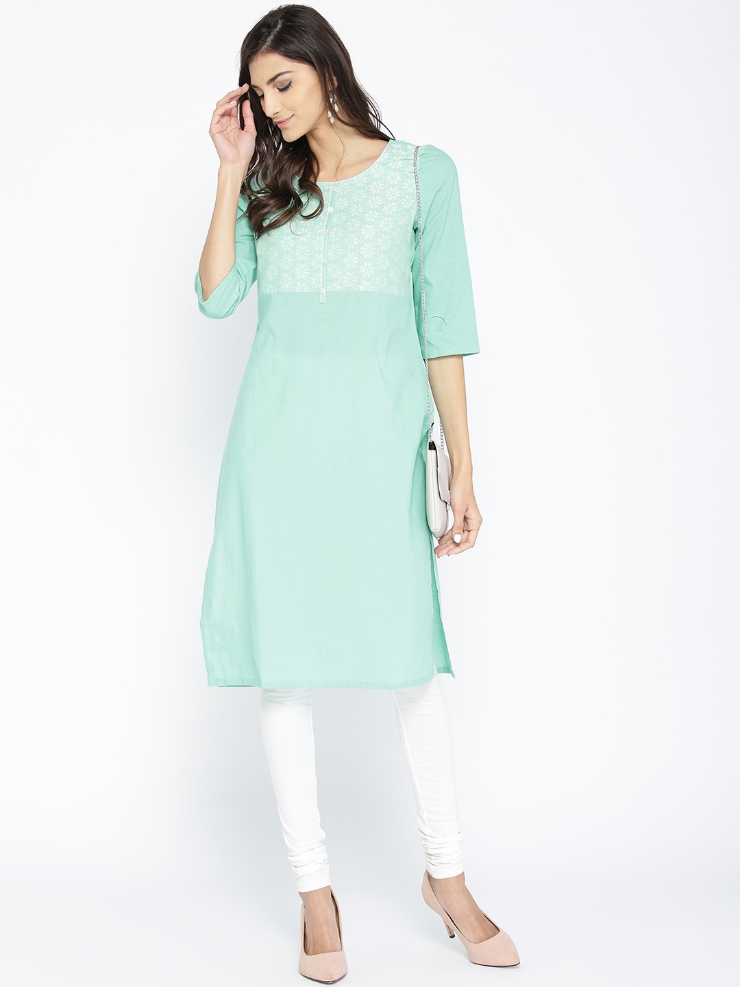 

AURELIA Women Sea Green Yoke Design Straight Kurta