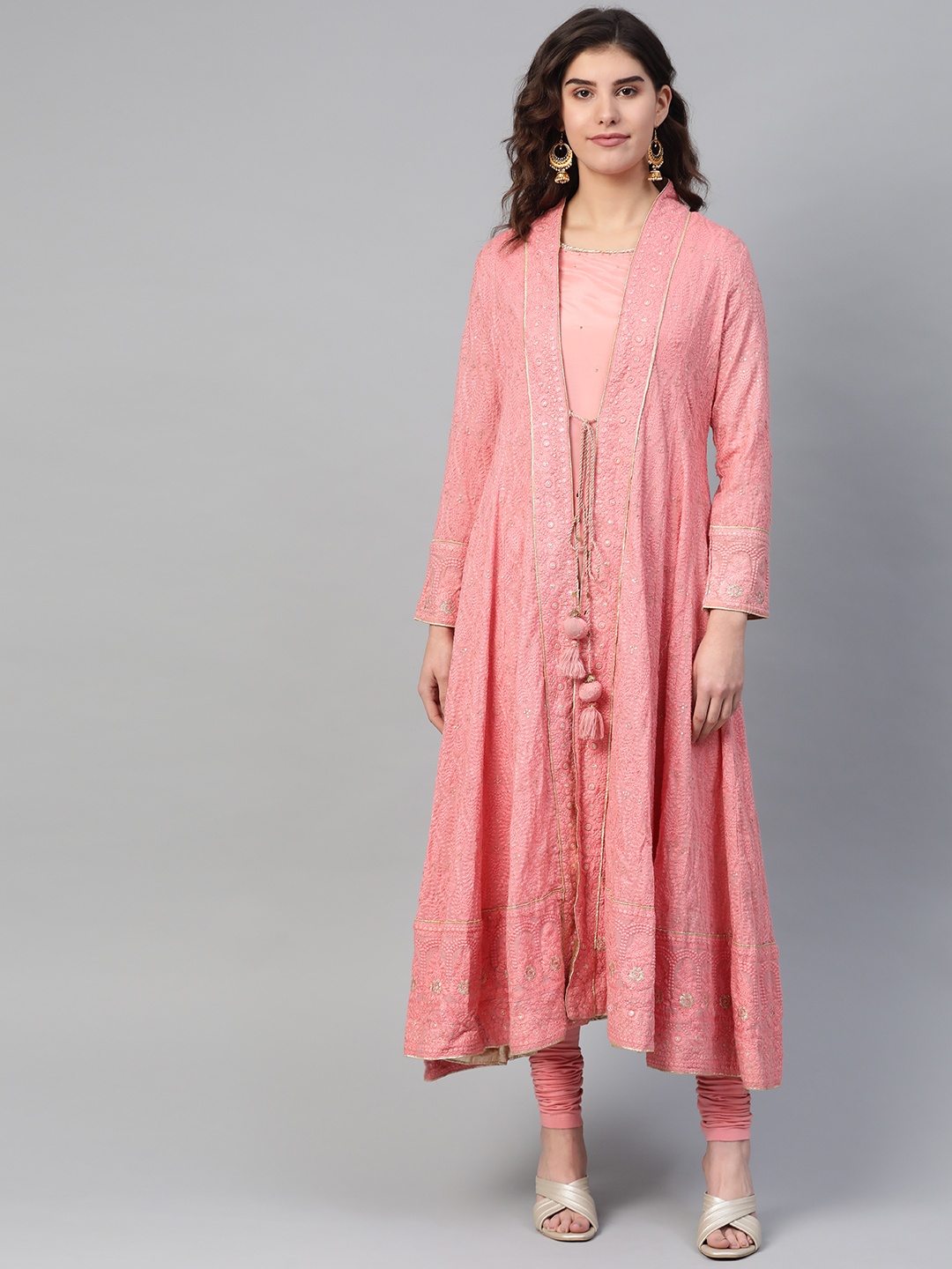 

WISHFUL by W Women Pink & Golden Kurta with Leggings & Embroidered Ethnic Jacket