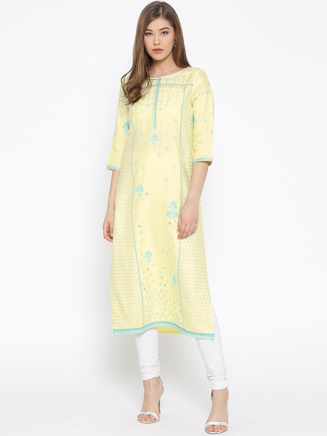 

AURELIA Women Yellow & Blue Printed Straight Kurta