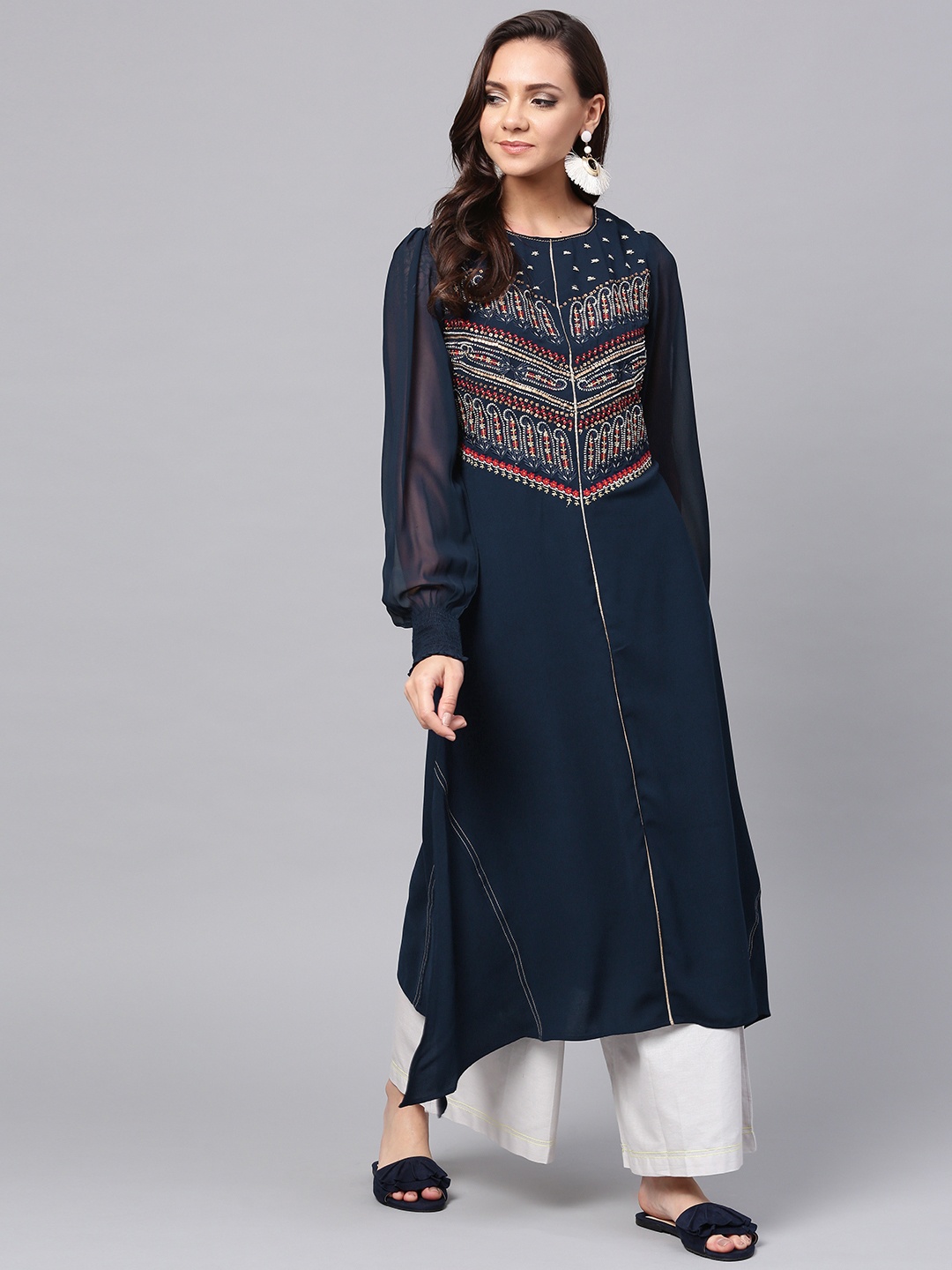 

WISHFUL by W Women Navy Blue Yoke Design A-Line Kurta