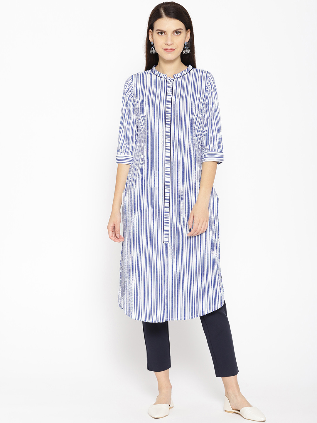

AURELIA Women Blue & White Striped Straight Kurta