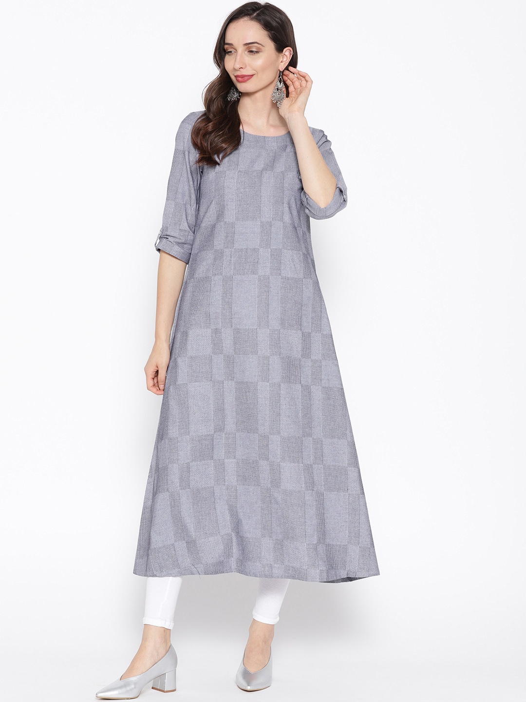 

AURELIA Women Grey Self Checked A-Line Kurta