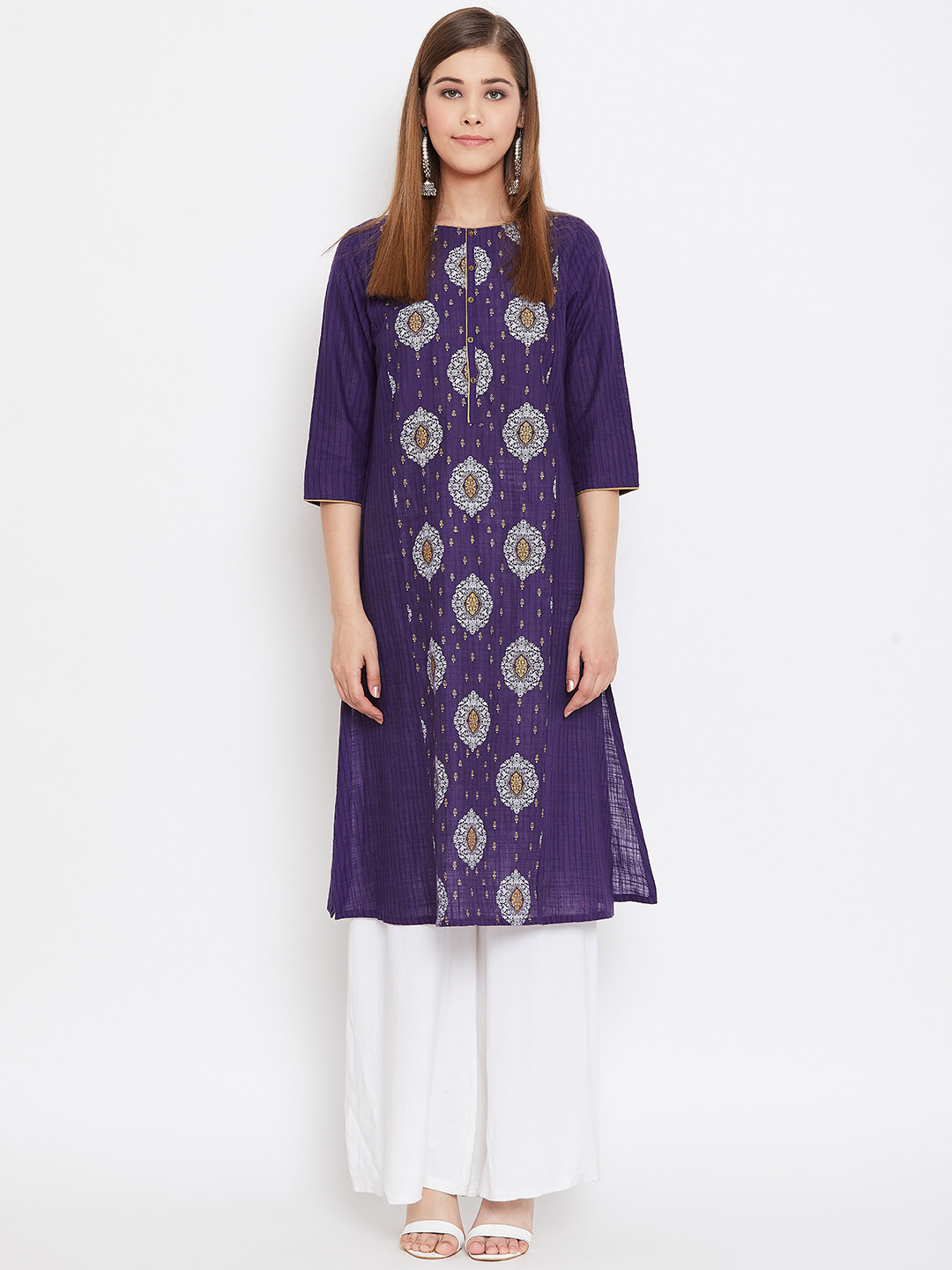 

AURELIA Women Purple & White Printed Straight Kurta