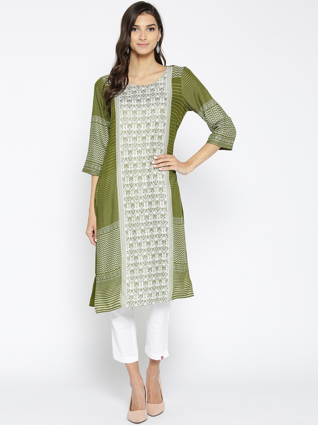 

AURELIA Women Olive Green & White Woven Design Straight Kurta