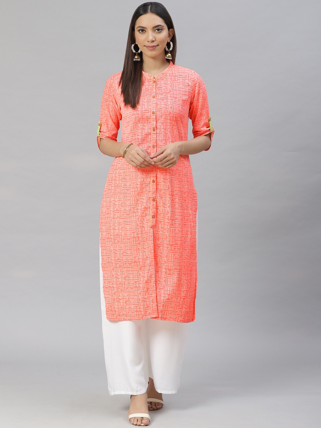 

AURELIA Women Coral Pink Printed Straight Kurta