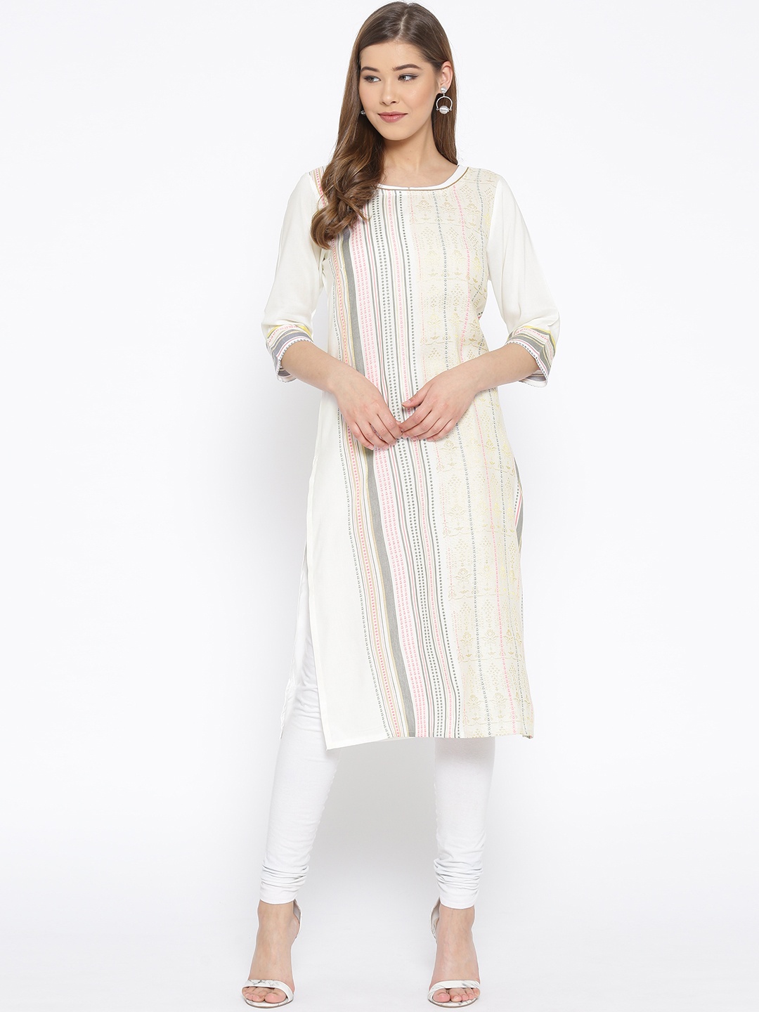 

AURELIA Women White & Golden Striped Straight Kurta