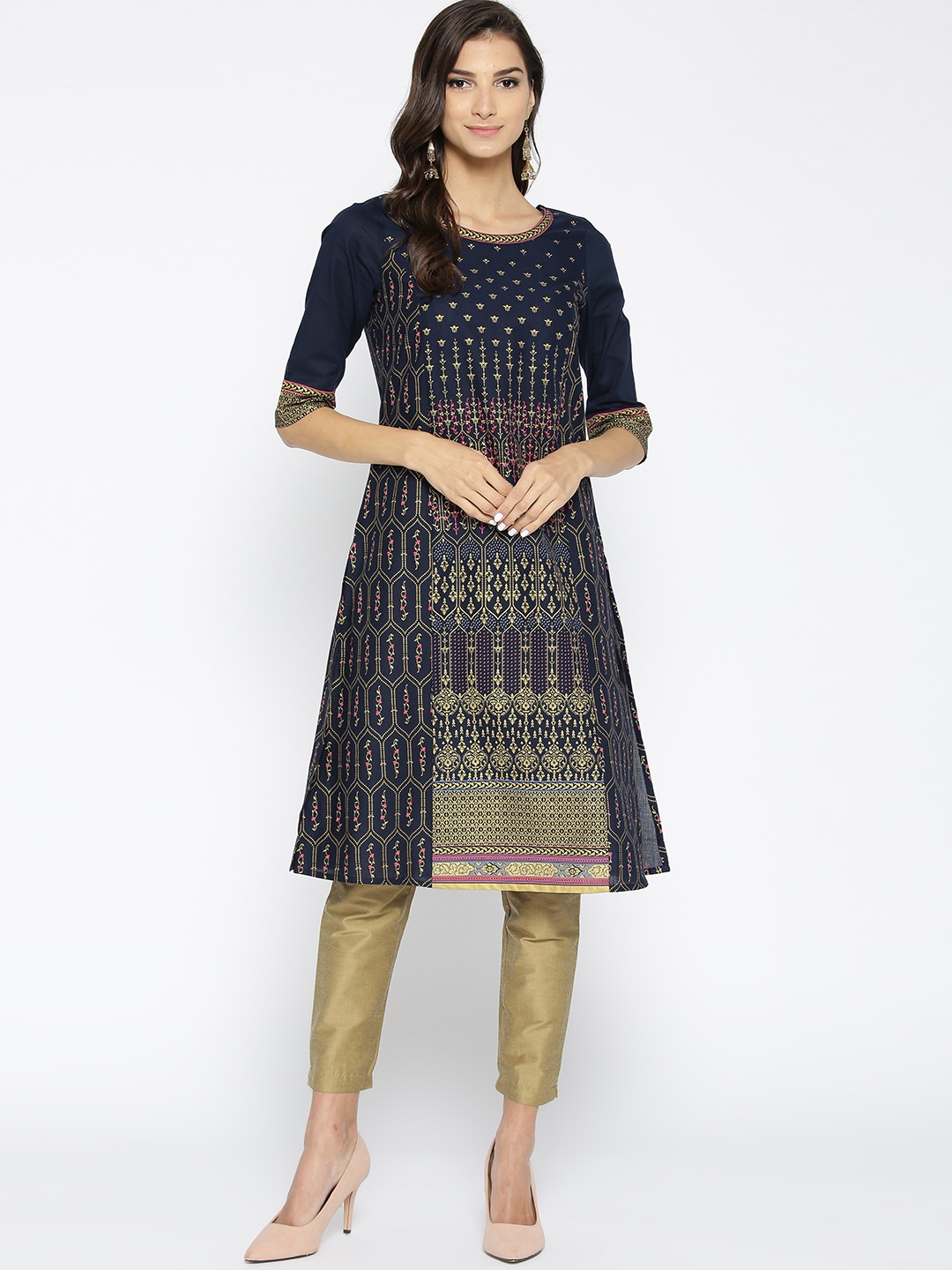 

AURELIA Women Navy Blue & Golden Printed A-Line Kurta