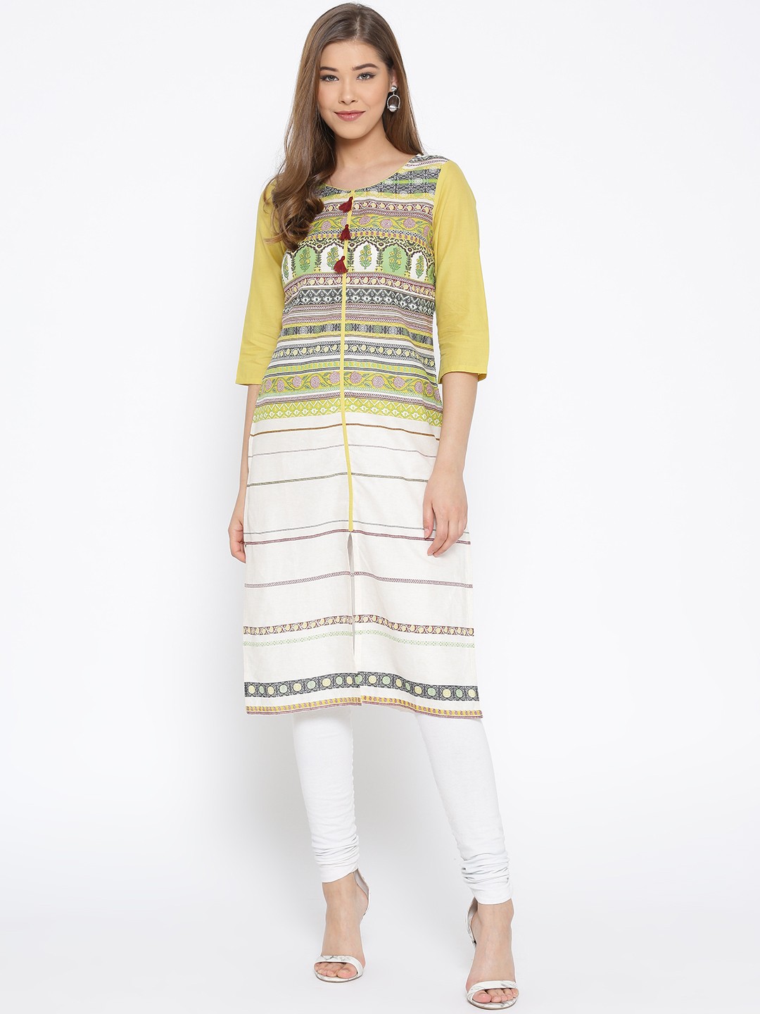 

AURELIA Women Lime Green & Off-White Striped Straight Kurta