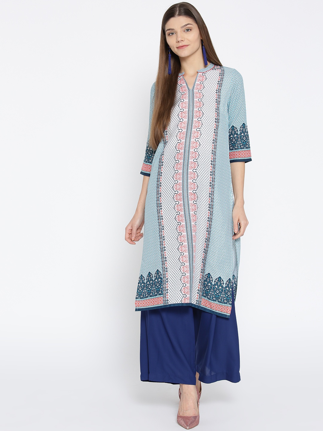 

AURELIA Women White & Blue Printed Straight Kurta