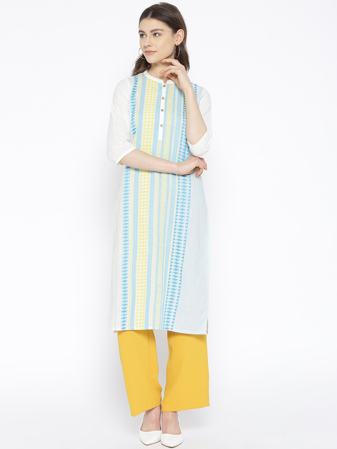 

AURELIA Women White & Blue Woven Design Straight Kurta