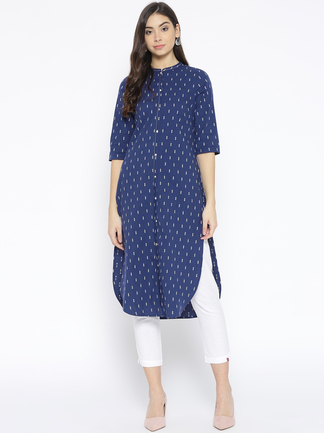 

AURELIA Women Navy Blue & White Woven Design Straight Kurta