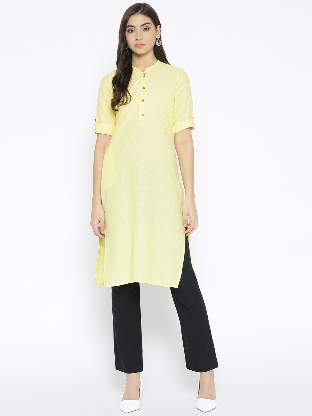

AURELIA Women Yellow Solid Straight Kurta