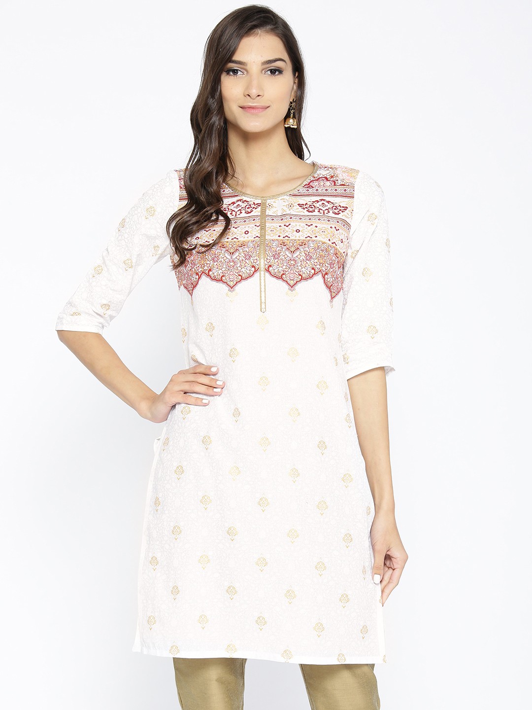 

AURELIA Women White & Maroon Printed Straight Kurta