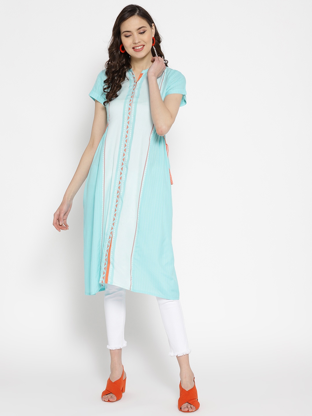 

AURELIA Women Blue Striped A-Line Kurta