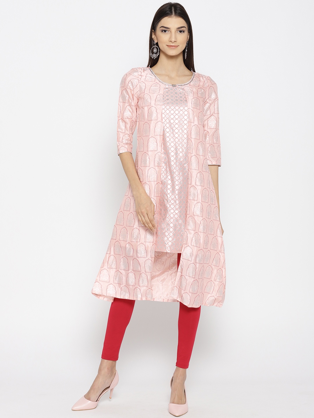 

AURELIA Women Peach-Coloured & Silver Printed Layered A-Line Kurta