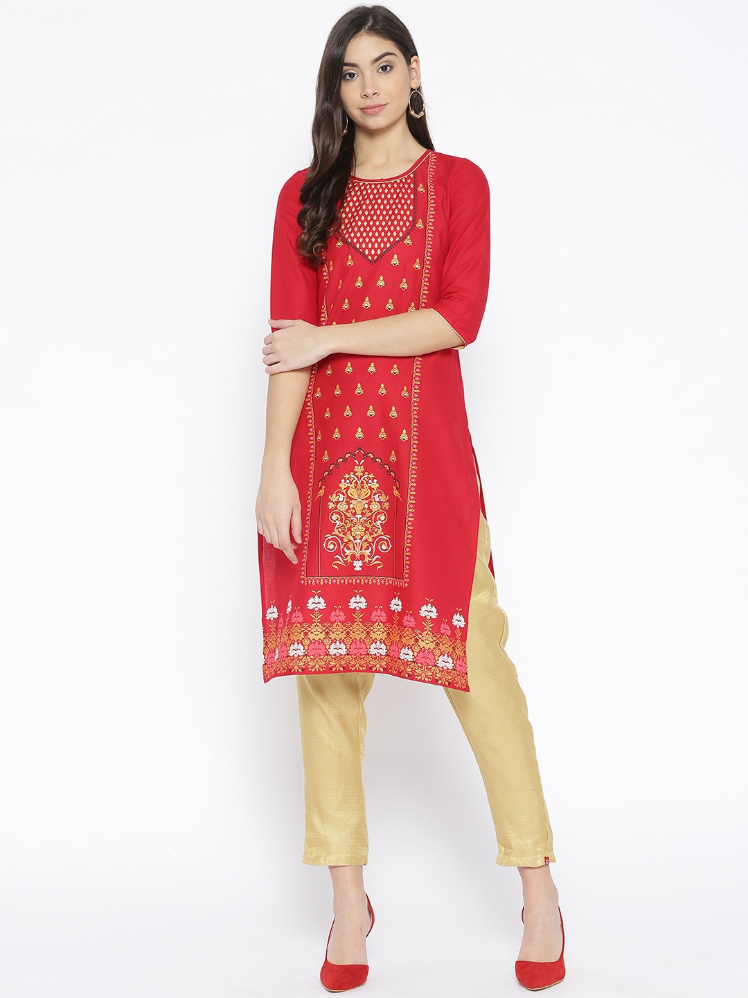 

AURELIA Women Red & Golden Printed Straight Kurta