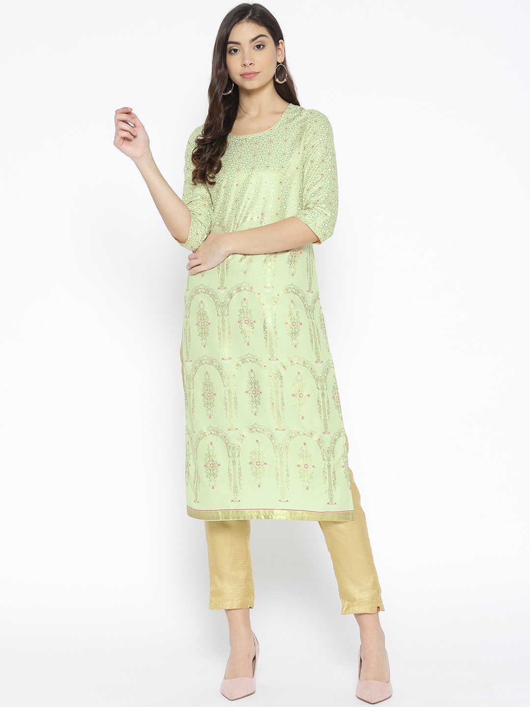 

AURELIA Women Green & Golden Printed Straight Kurta
