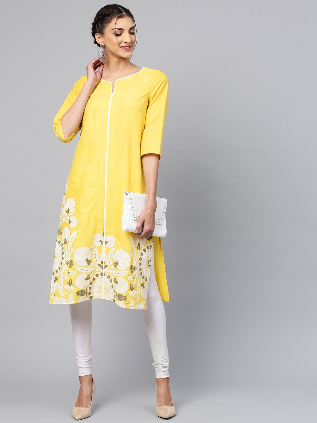 

W Women Yellow & White Floral Print Straight Kurta