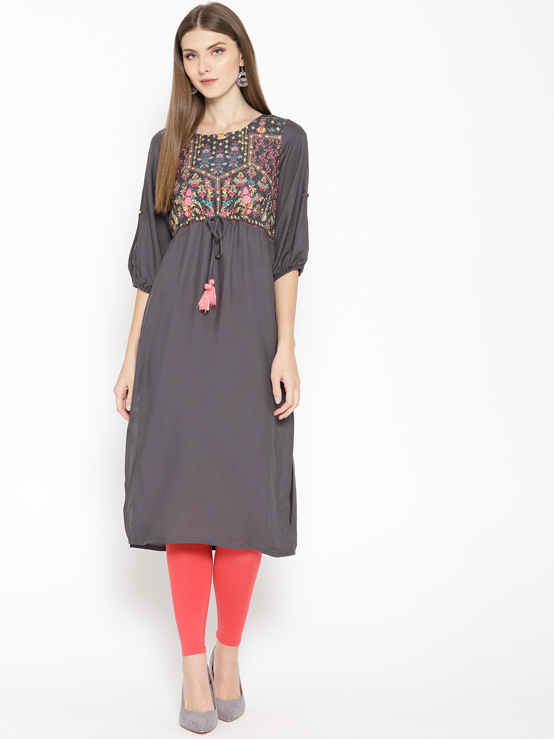 

AURELIA Women Charcoal Grey & Pink Yoke Design Straight Kurta