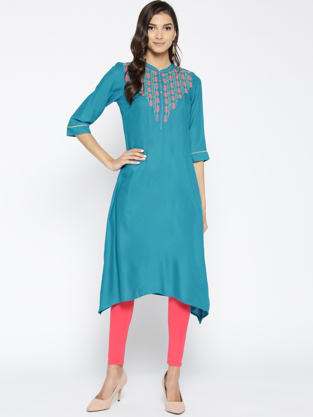 

AURELIA Women Blue Yoke Design Asymmetric A-Line Kurta