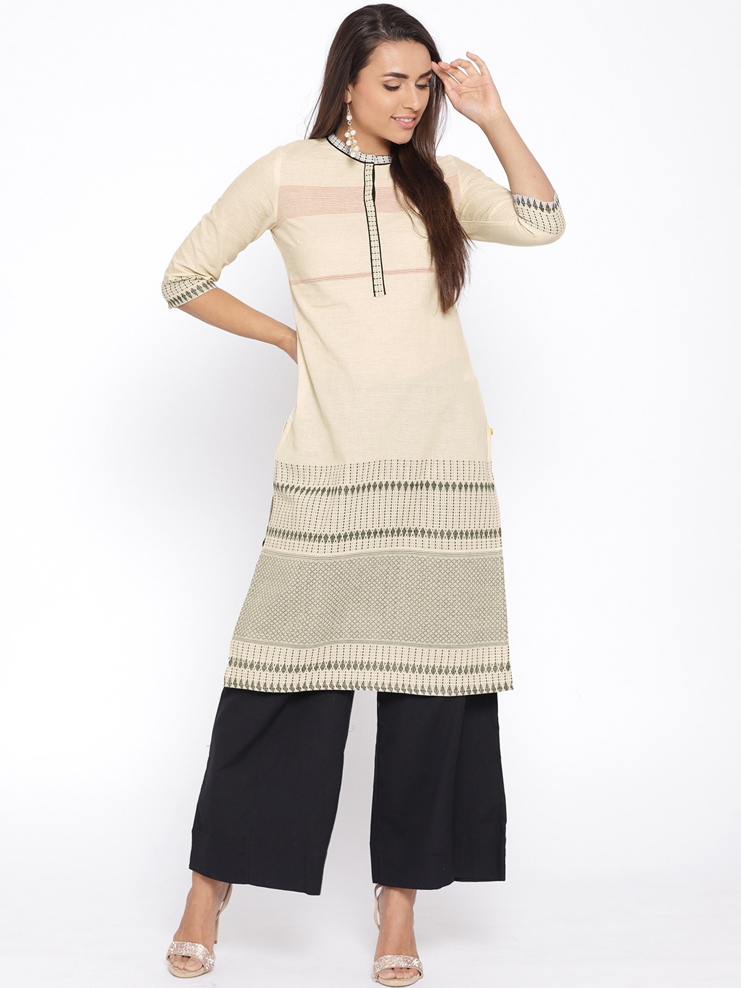 

AURELIA Women Off-White & Black Woven Design Straight Kurta