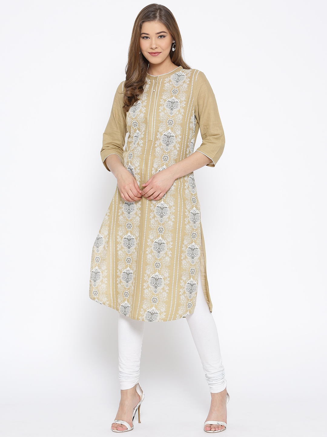 

AURELIA Women Beige & White Printed Straight Kurta