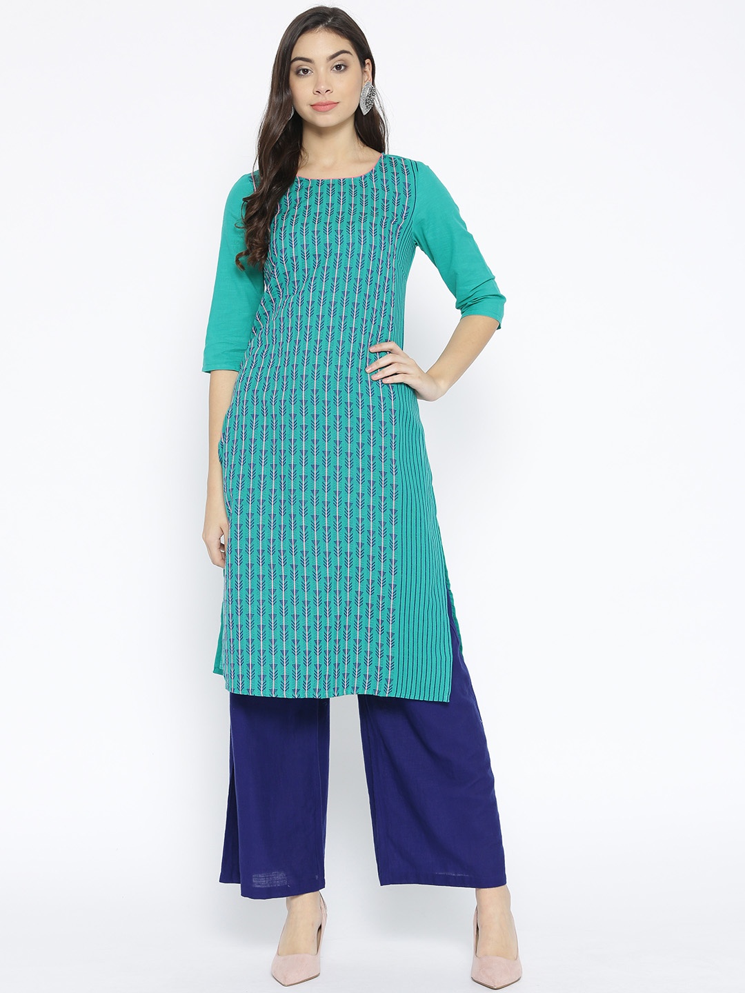 

AURELIA Women Green & Blue Embroidered Straight Kurta