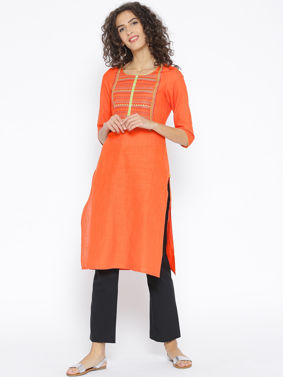 

AURELIA Women Orange Yoke Design Straight Kurta