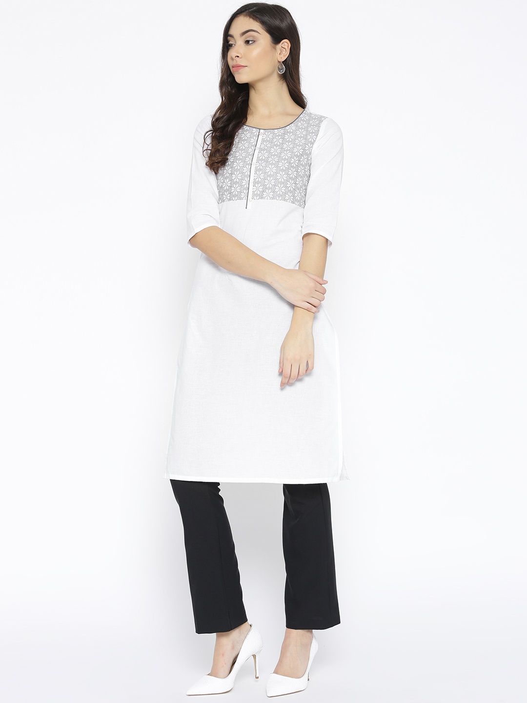 

AURELIA Women White & Grey Yoke Design Straight Kurta