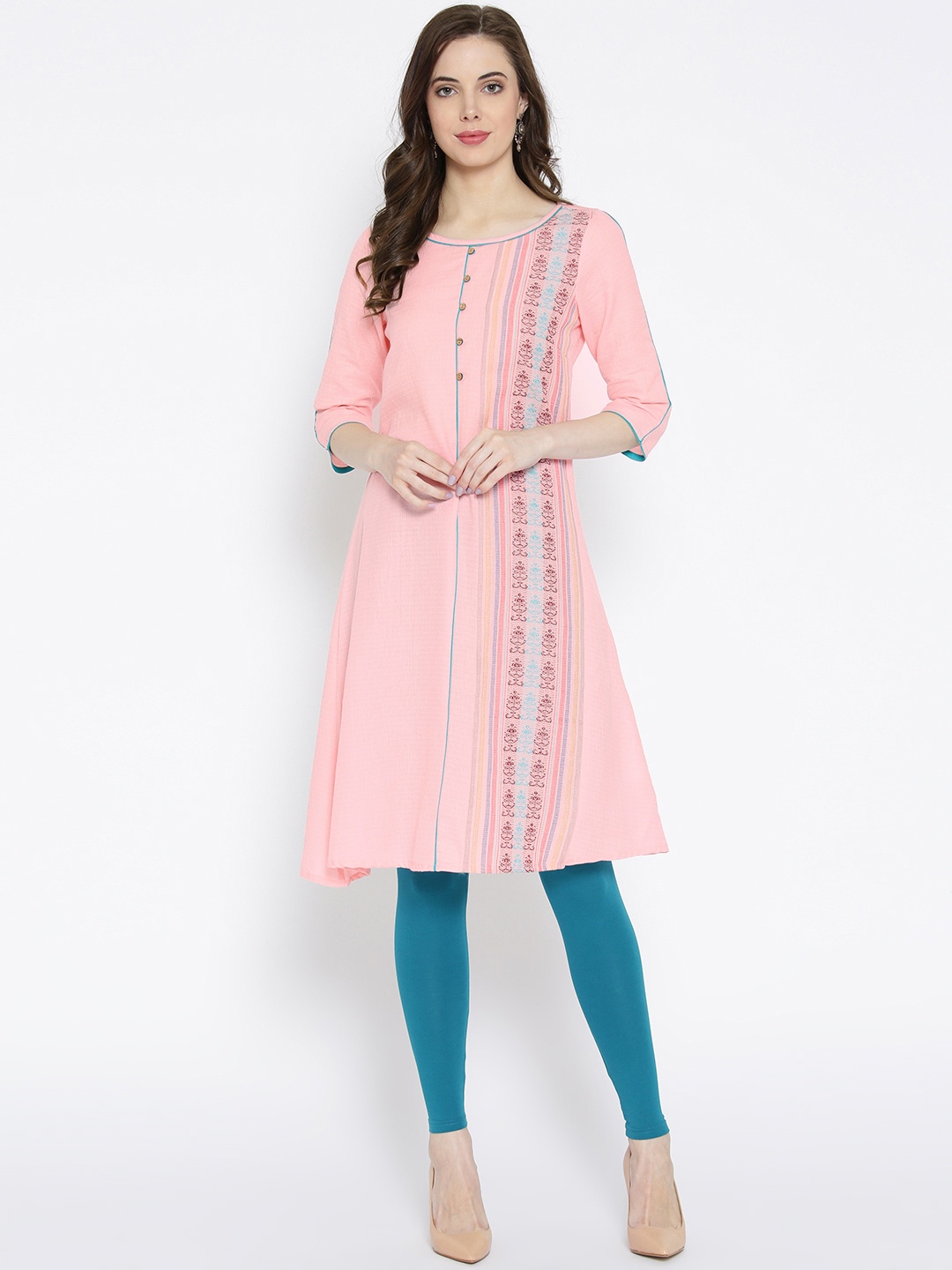 

AURELIA Women Pink Woven Design A-Line Kurta