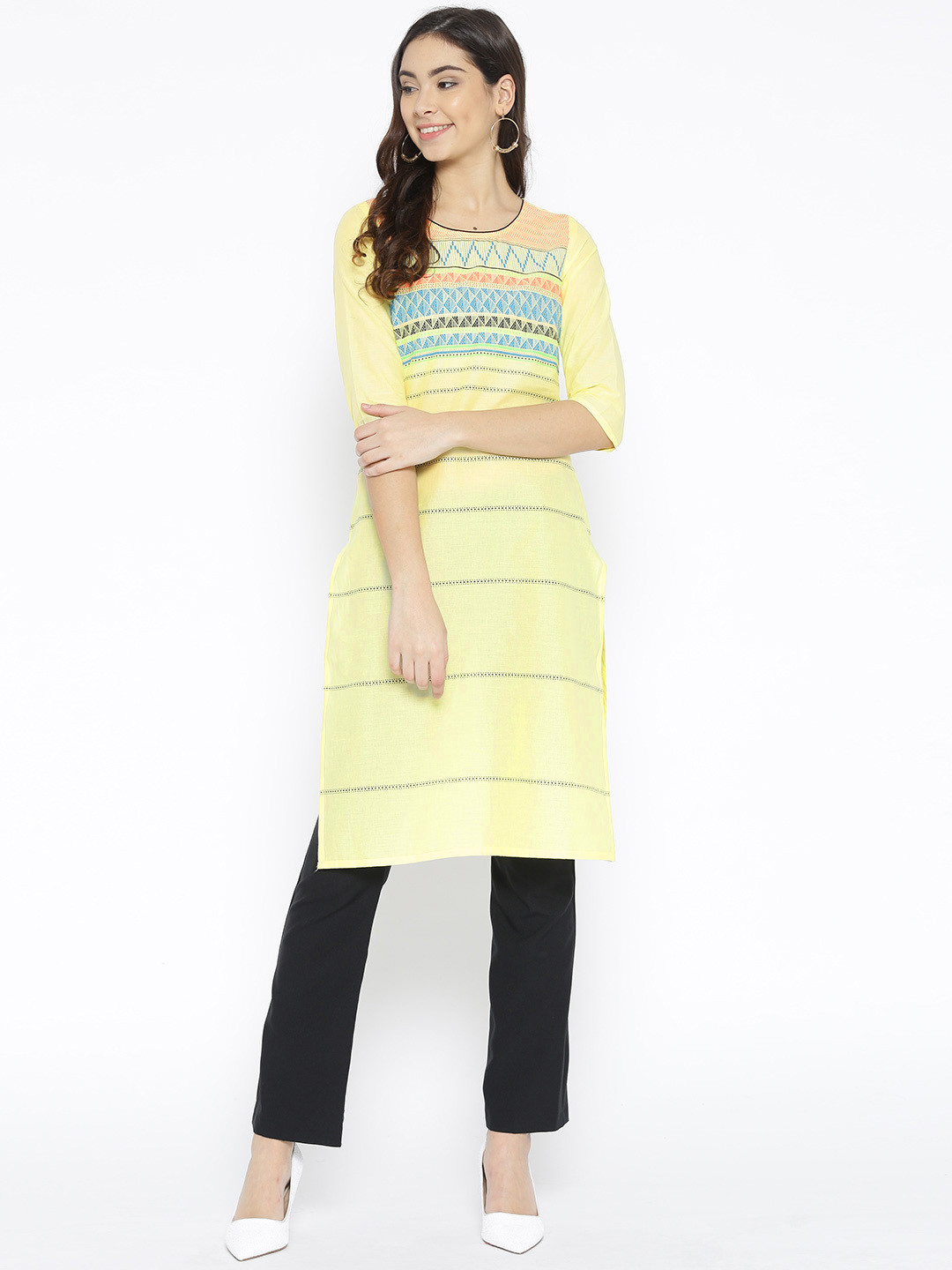 

AURELIA Women Yellow & Black Printed Straight Kurta