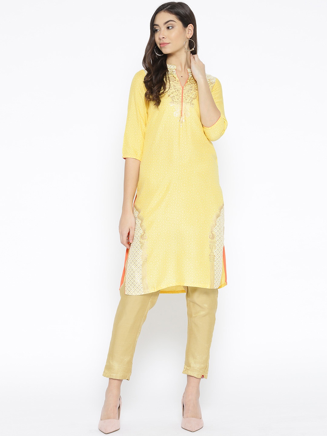 

AURELIA Women Yellow & Golden Printed Straight Kurta