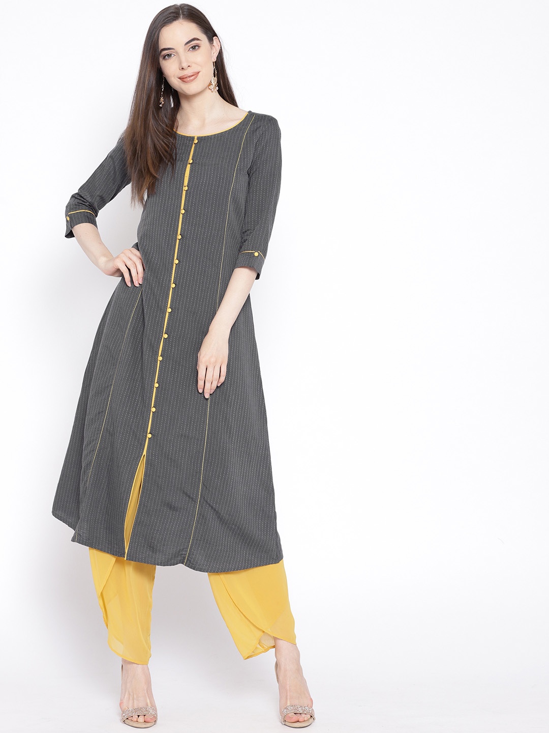 

AURELIA Women Grey Self-Striped Straight Kurta