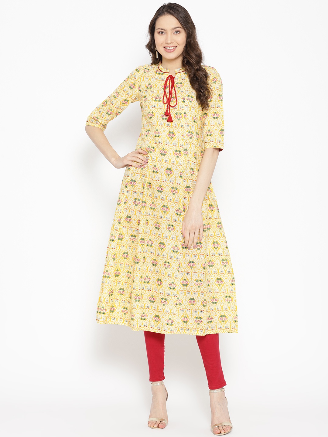 

AURELIA Women Yellow & Red Printed A-Line Kurta