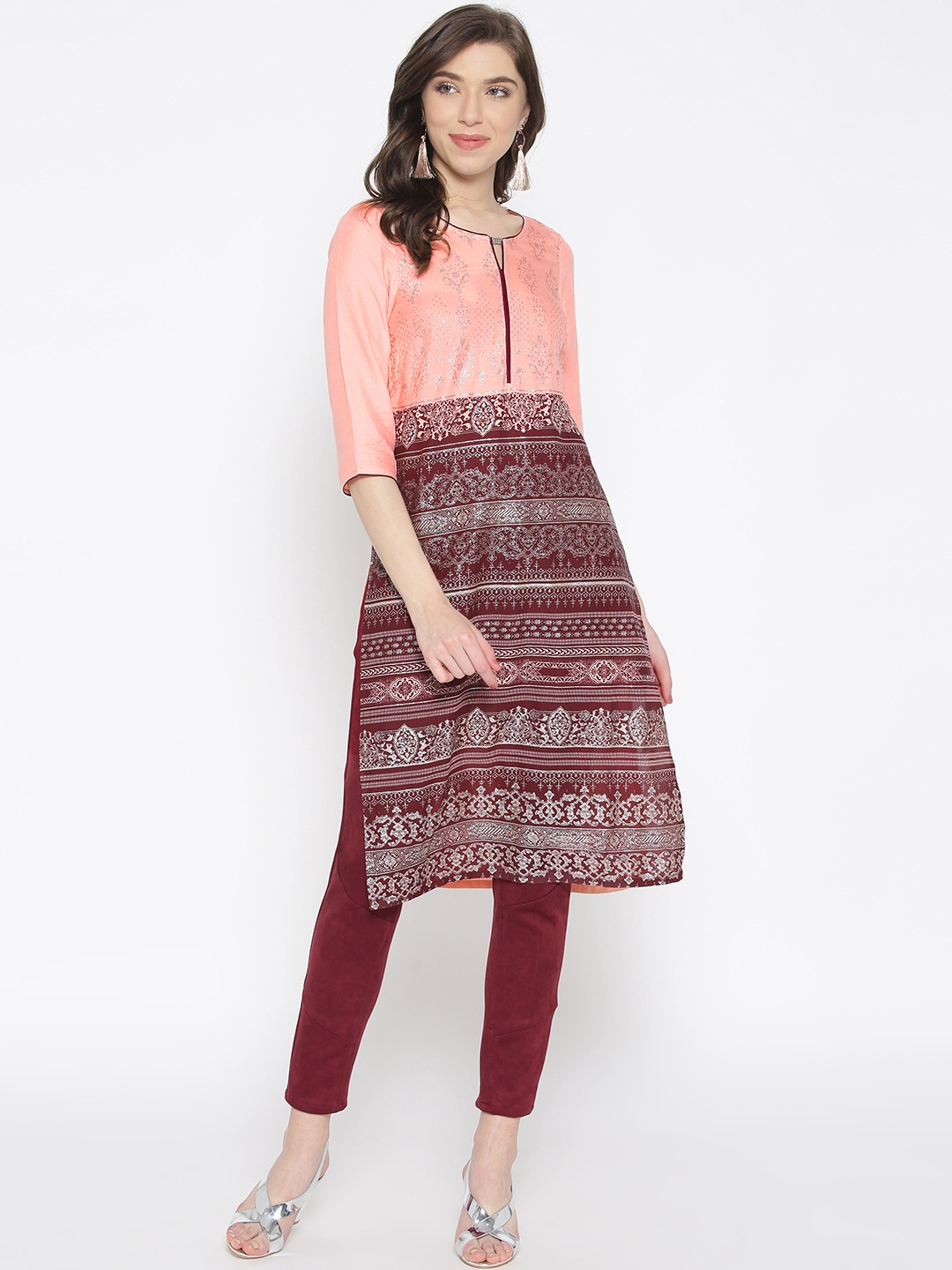 

AURELIA Women Peach-Coloured & Burgundy Printed Straight Kurta