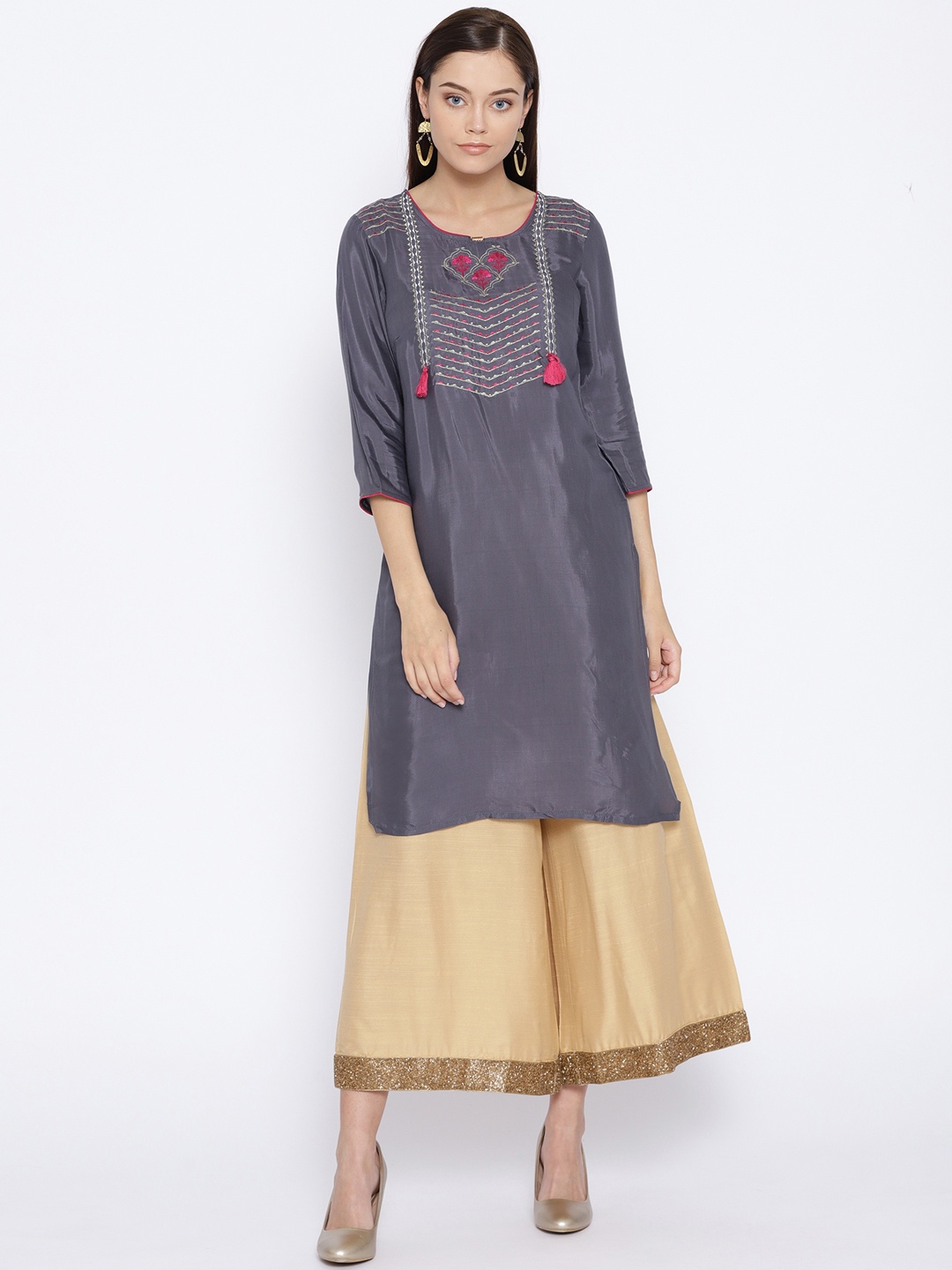 

AURELIA Women Charcoal Grey Yoke Design Straight Kurta
