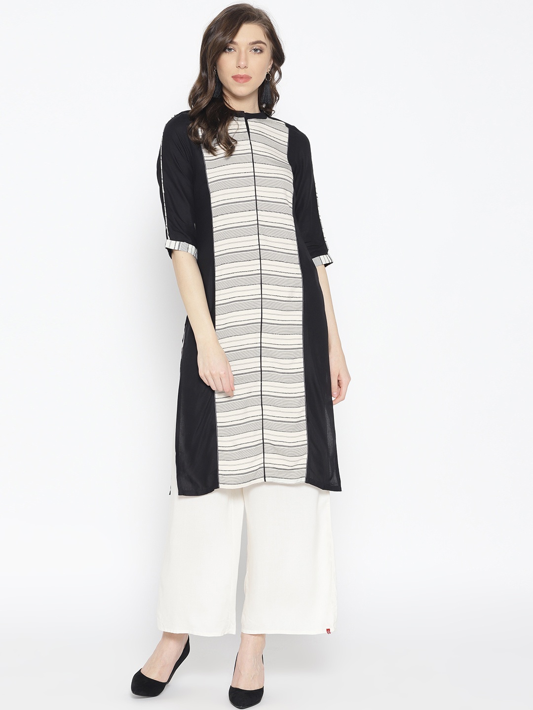 

AURELIA Women Black & Off-White Striped Woven Design Straight Kurta