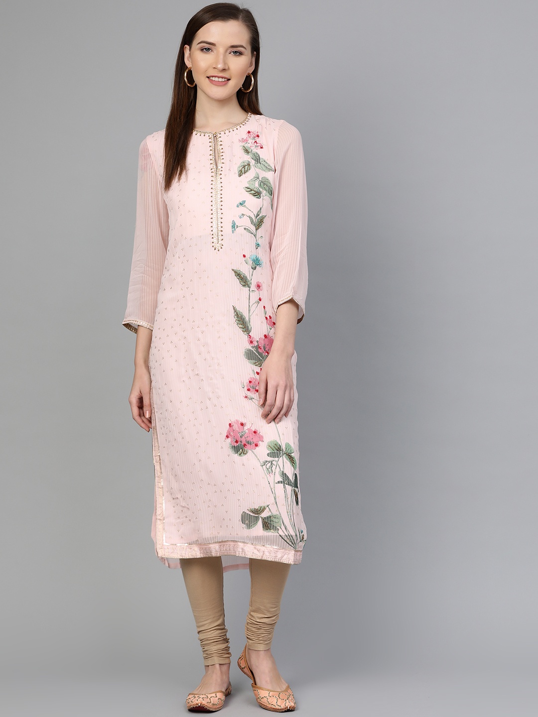 

WISHFUL by W Women Pink & Green Floral Print Straight Kurta