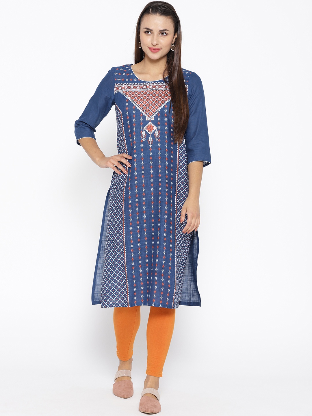 

AURELIA Women Navy Blue & White Printed Straight Kurta