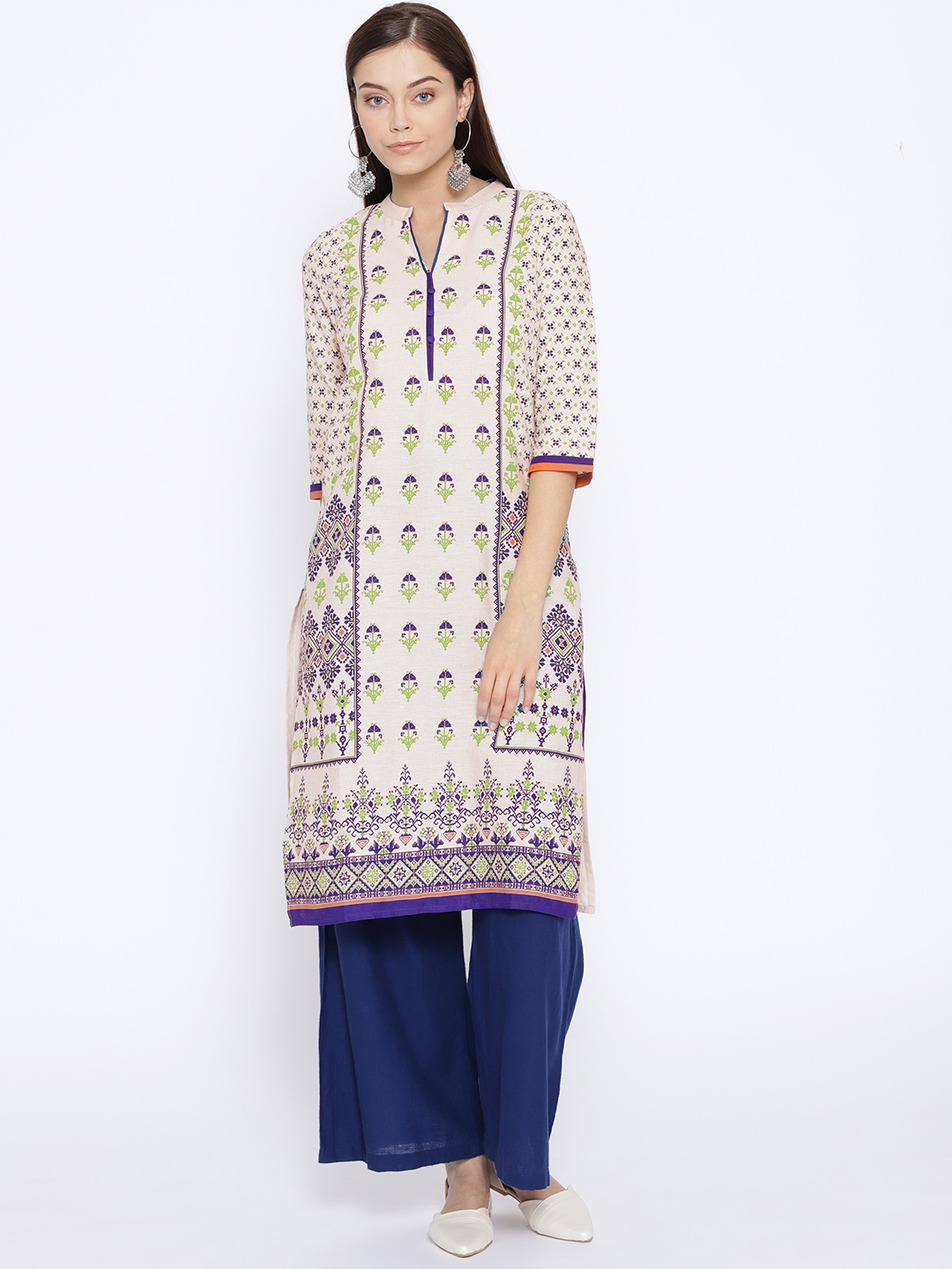 

AURELIA Women Off-White & Navy Blue Printed Straight Kurta