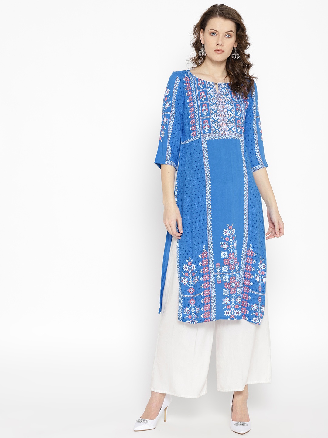 

AURELIA Women Blue & White Printed Straight Kurta