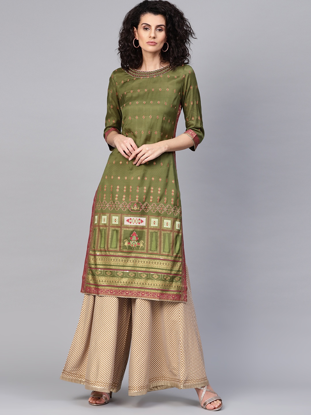

WISHFUL by W Women Olive Green & Golden Printed Straight Kurta