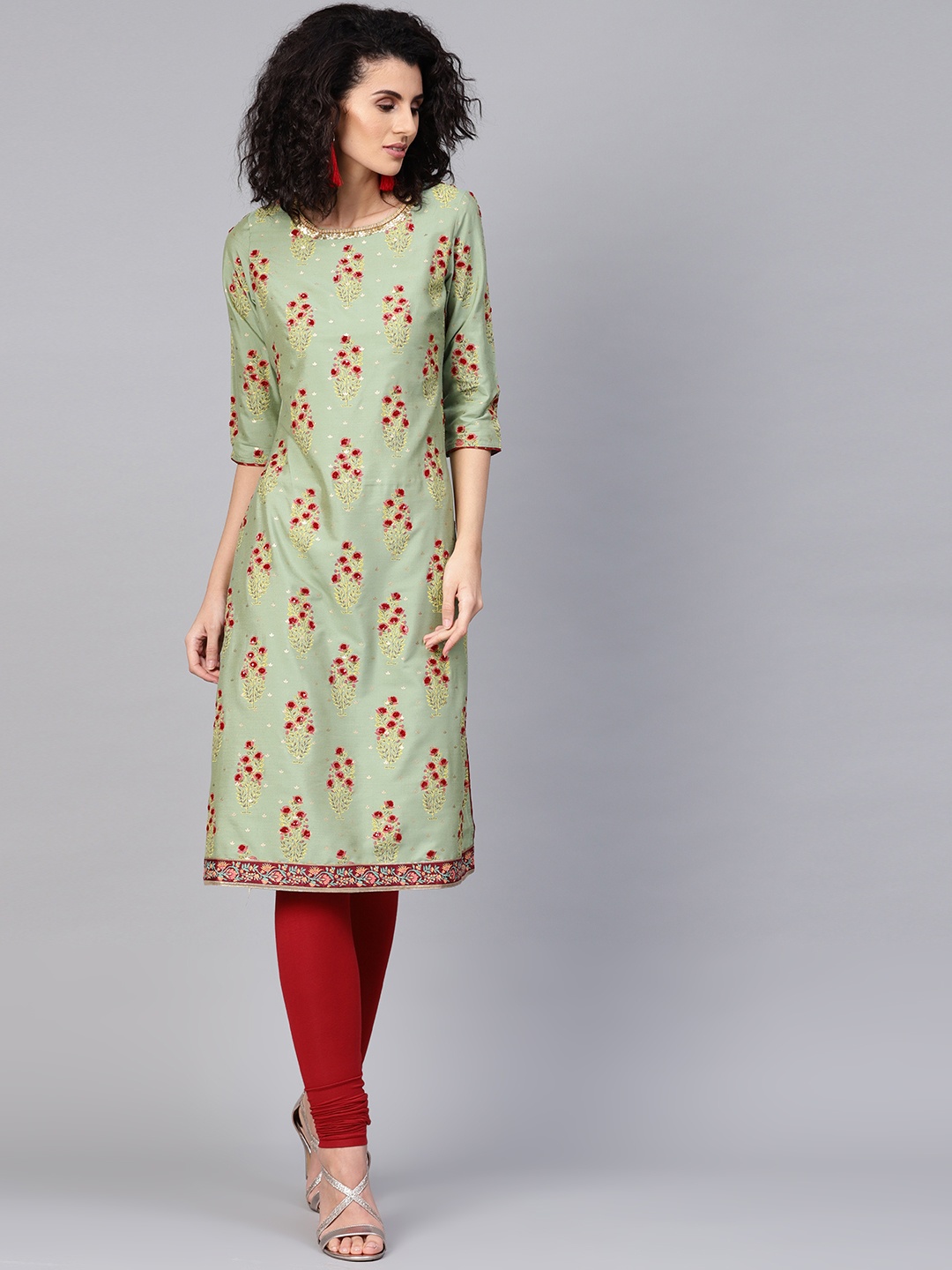 

WISHFUL by W Women Green & Red Printed Straight Kurta